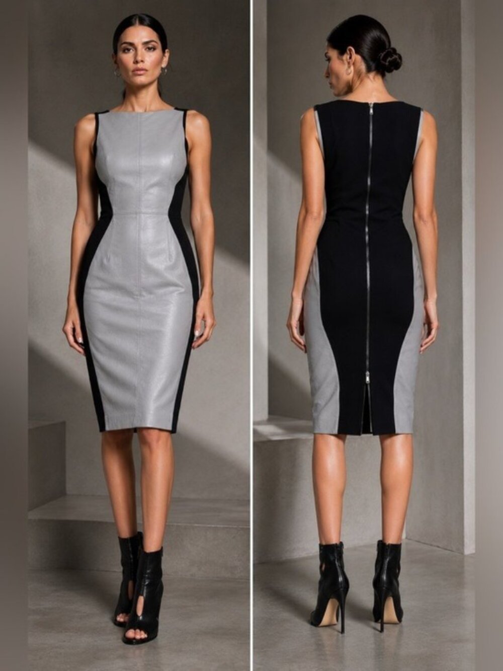 Gareth Pugh Gray Black Leather Colorblock Bodycon Midi Dress US 4
